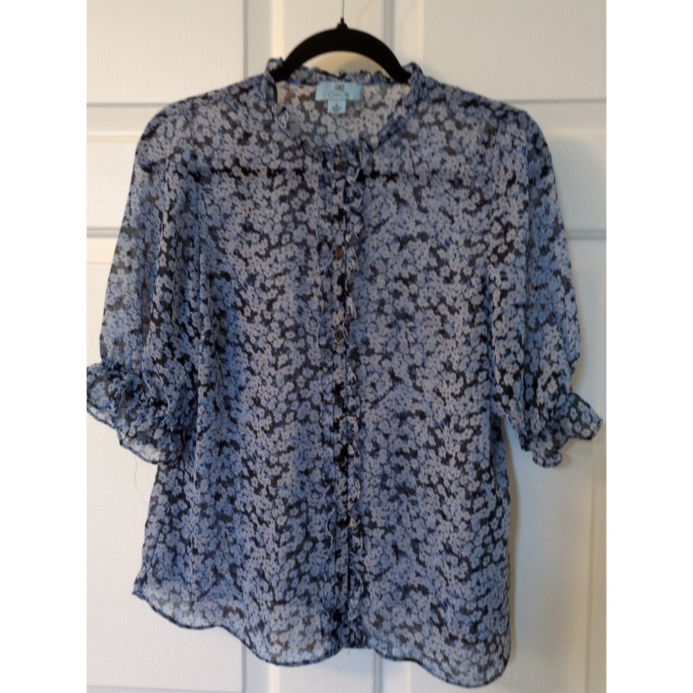 CeCe Blue Floral Polyester Short Slv Ruffled Blouse Size M